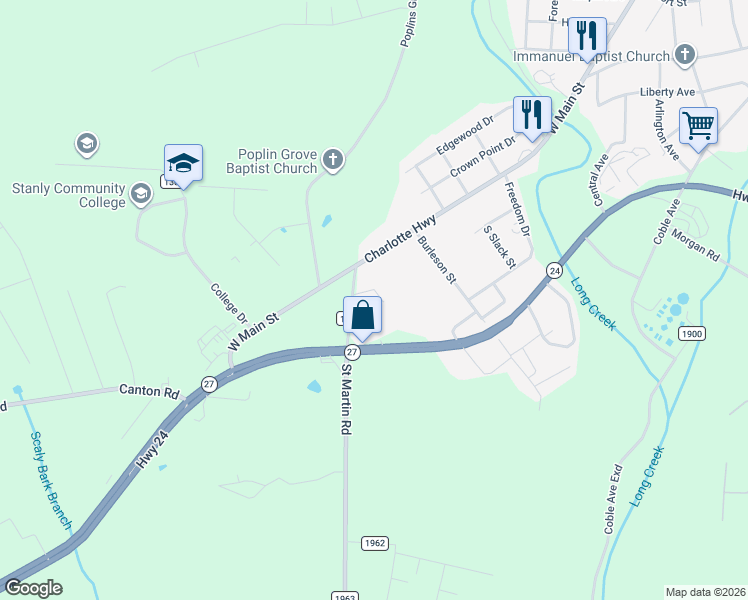 map of restaurants, bars, coffee shops, grocery stores, and more near 1540 North Carolina 27 in Albemarle