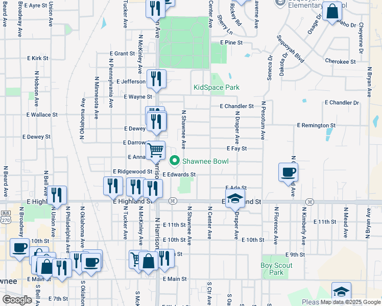 map of restaurants, bars, coffee shops, grocery stores, and more near 1107 East Margaret Street in Shawnee