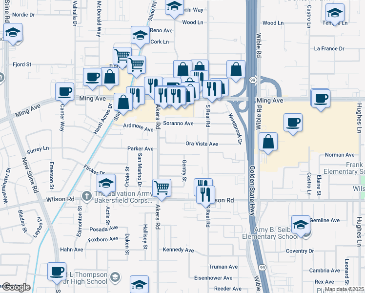map of restaurants, bars, coffee shops, grocery stores, and more near 3817 Ora Vista Avenue in Bakersfield