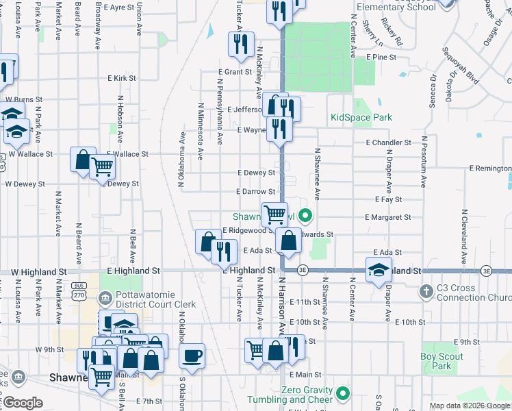 map of restaurants, bars, coffee shops, grocery stores, and more near 731 North McKinley Avenue in Shawnee