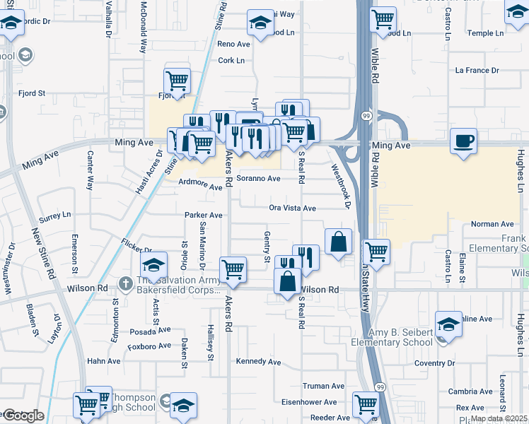 map of restaurants, bars, coffee shops, grocery stores, and more near 3817 Ora Vista Avenue in Bakersfield
