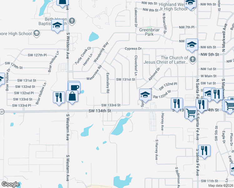 map of restaurants, bars, coffee shops, grocery stores, and more near 13300 Marsh Lane in Oklahoma City