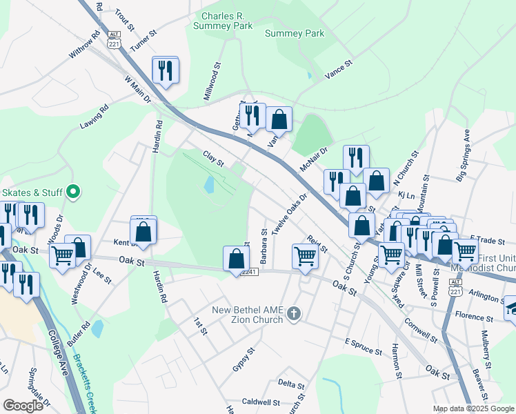 map of restaurants, bars, coffee shops, grocery stores, and more near 152 Powerline Street in Forest City