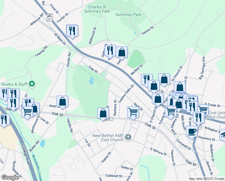map of restaurants, bars, coffee shops, grocery stores, and more near 152 Powerline Street in Forest City