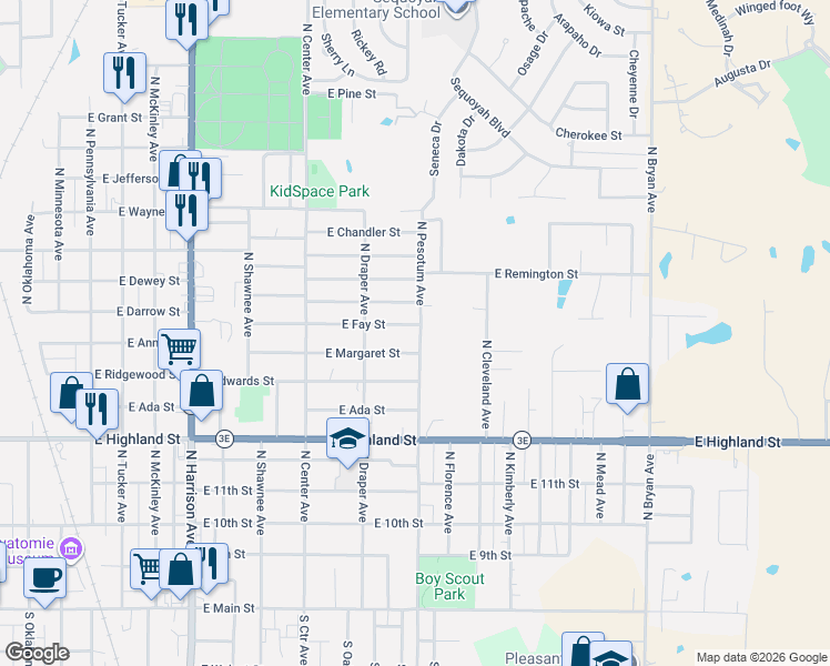 map of restaurants, bars, coffee shops, grocery stores, and more near 720 North Pesotum Avenue in Shawnee