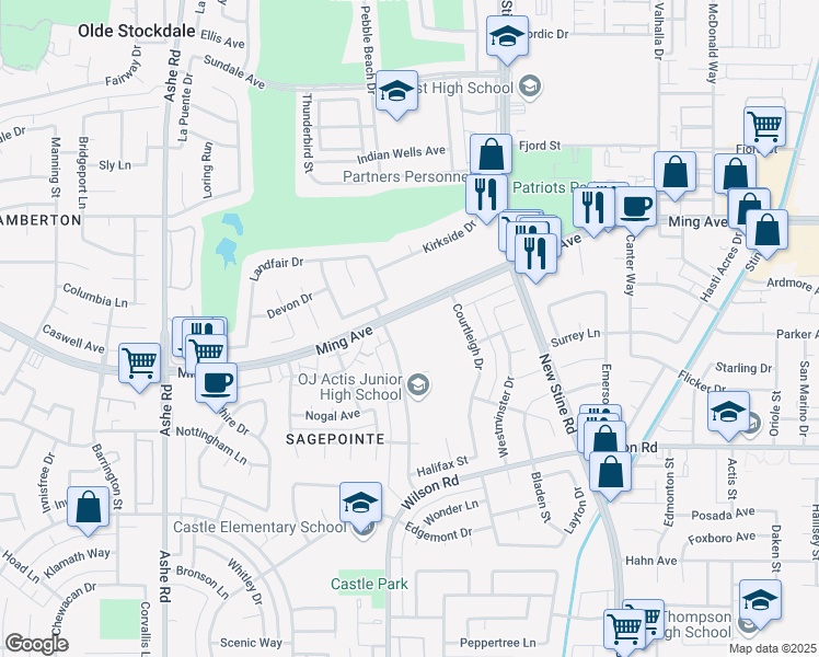 map of restaurants, bars, coffee shops, grocery stores, and more near 2105 Westholme Boulevard in Bakersfield