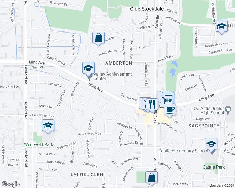 map of restaurants, bars, coffee shops, grocery stores, and more near 6901 Caswell Avenue in Bakersfield