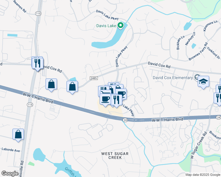 map of restaurants, bars, coffee shops, grocery stores, and more near 8511 Davis Lake Parkway in Charlotte