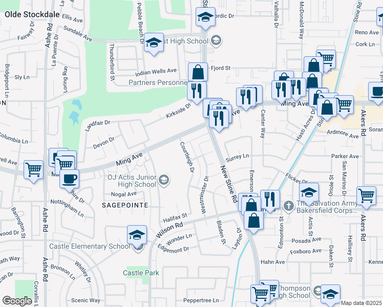 map of restaurants, bars, coffee shops, grocery stores, and more near 2012 Courtleigh Drive in Bakersfield