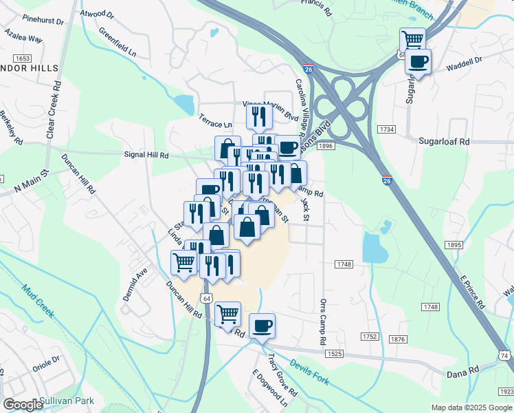 map of restaurants, bars, coffee shops, grocery stores, and more near 1800 4 Seasons Boulevard in Hendersonville