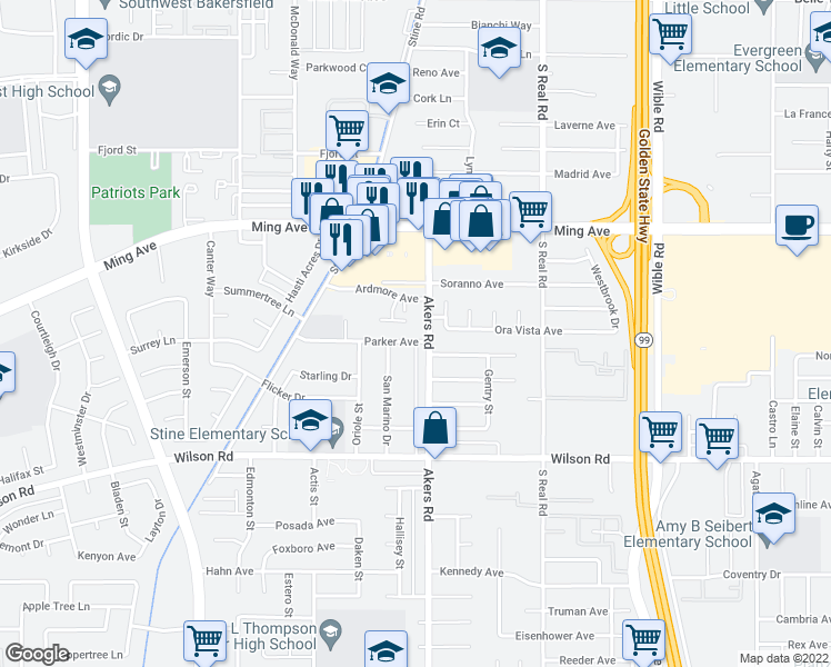 map of restaurants, bars, coffee shops, grocery stores, and more near 4104 Parker Avenue in Bakersfield