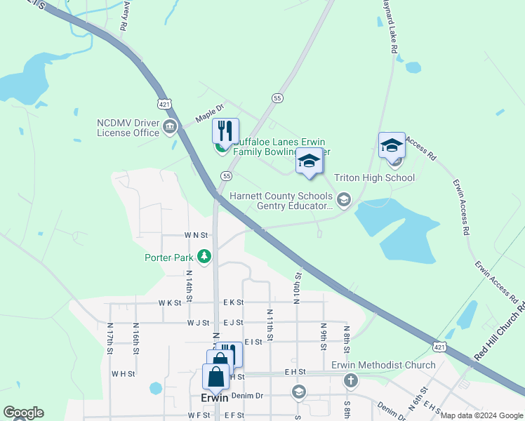 map of restaurants, bars, coffee shops, grocery stores, and more near 105 Hicks Street in Erwin