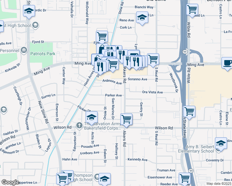 map of restaurants, bars, coffee shops, grocery stores, and more near 4116 Parker Avenue in Bakersfield