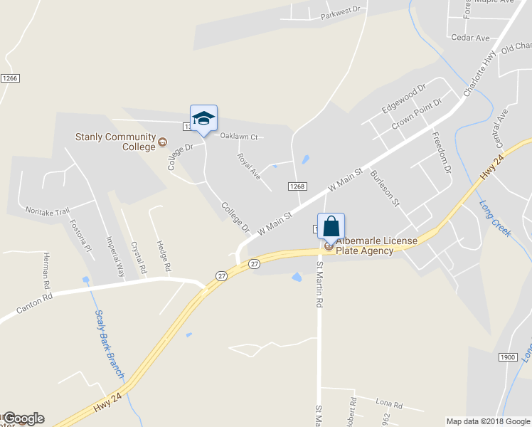 map of restaurants, bars, coffee shops, grocery stores, and more near 2620 West Main Street in Albemarle