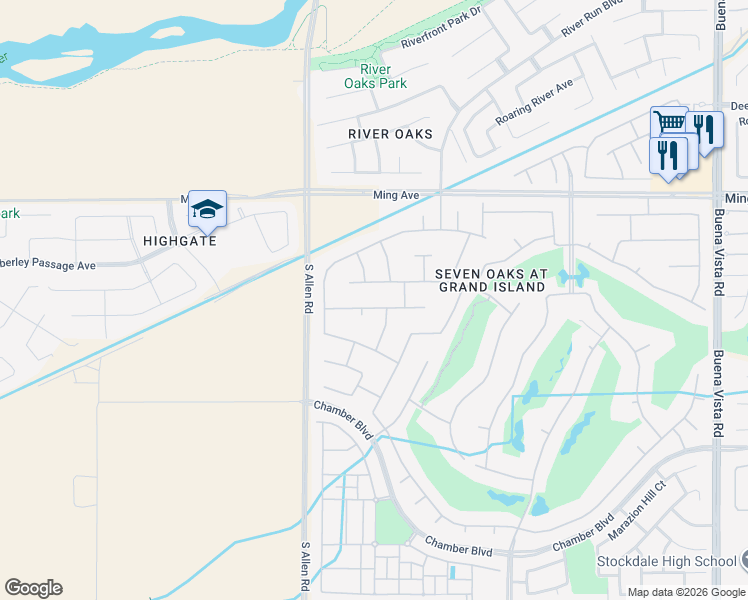 map of restaurants, bars, coffee shops, grocery stores, and more near 12507 Locksley Drive in Bakersfield