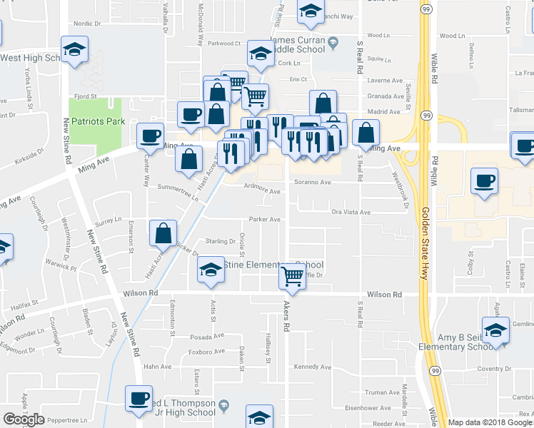 map of restaurants, bars, coffee shops, grocery stores, and more near 4116 Parker Avenue in Bakersfield
