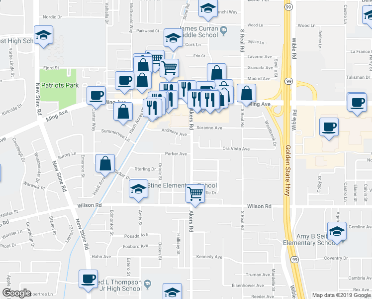 map of restaurants, bars, coffee shops, grocery stores, and more near 2206 San Marino Drive in Bakersfield