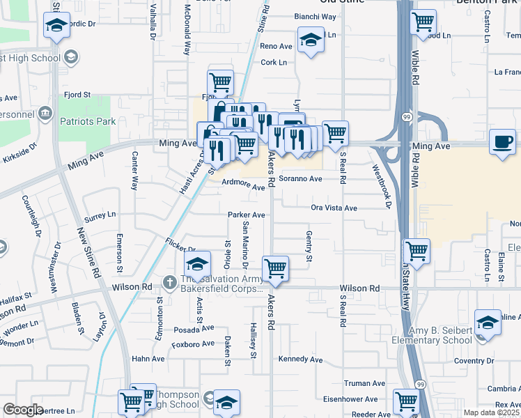map of restaurants, bars, coffee shops, grocery stores, and more near 2206 San Marino Drive in Bakersfield