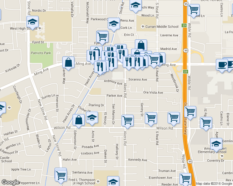 map of restaurants, bars, coffee shops, grocery stores, and more near 2206 San Marino Drive in Bakersfield
