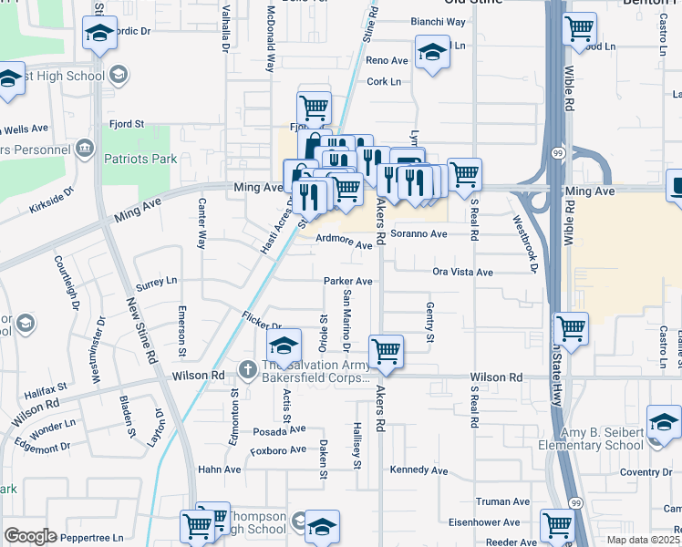 map of restaurants, bars, coffee shops, grocery stores, and more near 2206 San Marino Drive in Bakersfield