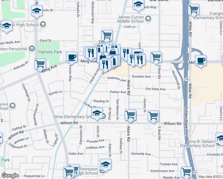 map of restaurants, bars, coffee shops, grocery stores, and more near 2109 Oriole Street in Bakersfield