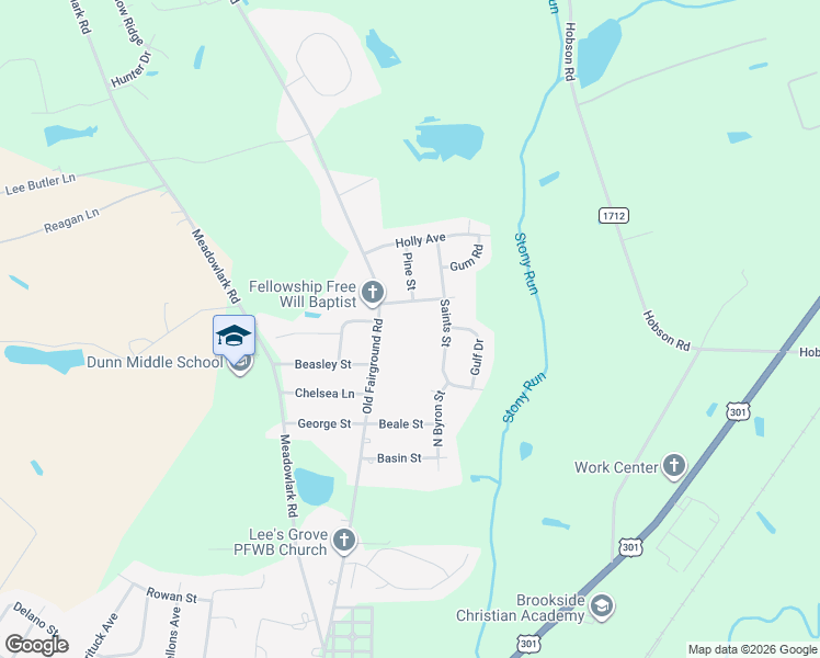 map of restaurants, bars, coffee shops, grocery stores, and more near 307 Saints Street in Dunn