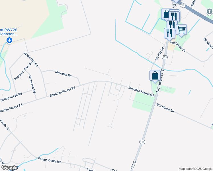 map of restaurants, bars, coffee shops, grocery stores, and more near 271 Sheridan Forest Road in Goldsboro