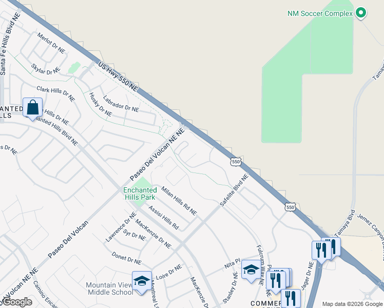 map of restaurants, bars, coffee shops, grocery stores, and more near 7810 Paseo 550 Drive Northeast in Rio Rancho