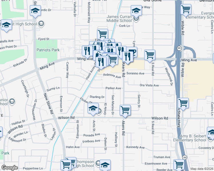map of restaurants, bars, coffee shops, grocery stores, and more near 4160 Parker Avenue in Bakersfield
