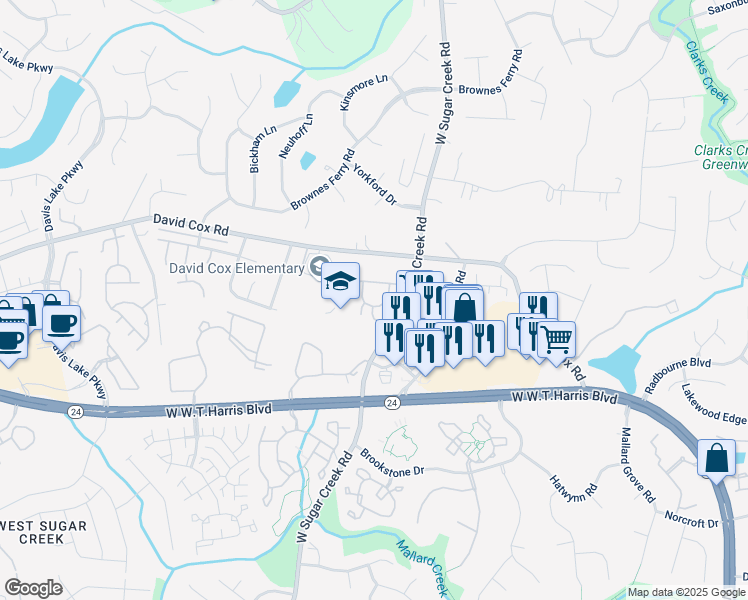 map of restaurants, bars, coffee shops, grocery stores, and more near 5021 Feathergrass Drive in Charlotte