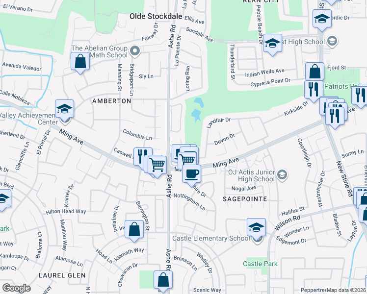 map of restaurants, bars, coffee shops, grocery stores, and more near 2000 Ashe Road in Bakersfield