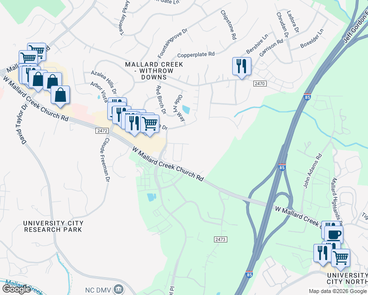 map of restaurants, bars, coffee shops, grocery stores, and more near 1705 Arbor Vista Drive in Charlotte