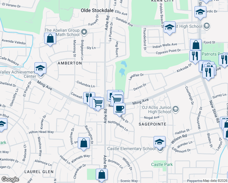 map of restaurants, bars, coffee shops, grocery stores, and more near 2000 Ashe Road in Bakersfield
