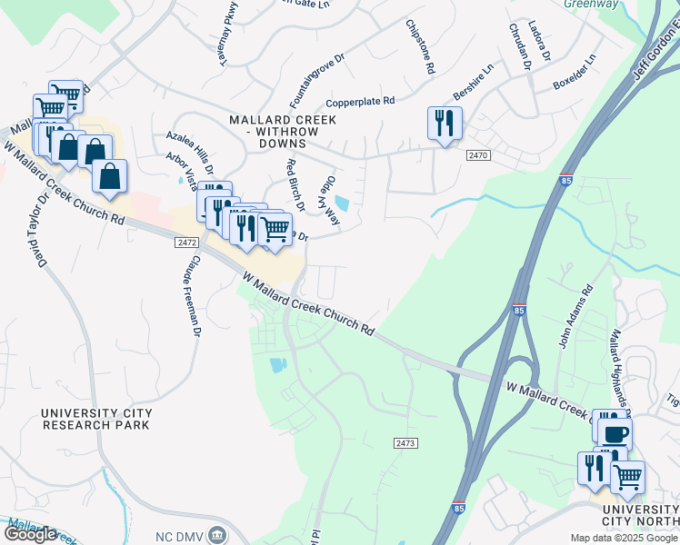 map of restaurants, bars, coffee shops, grocery stores, and more near 1705 Arbor Vista Drive in Charlotte