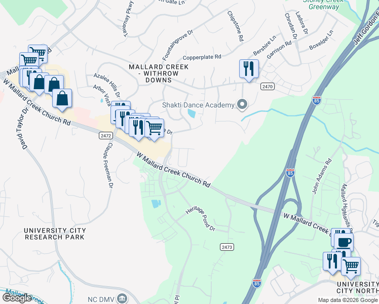 map of restaurants, bars, coffee shops, grocery stores, and more near 1705 Arbor Vista Drive in Charlotte