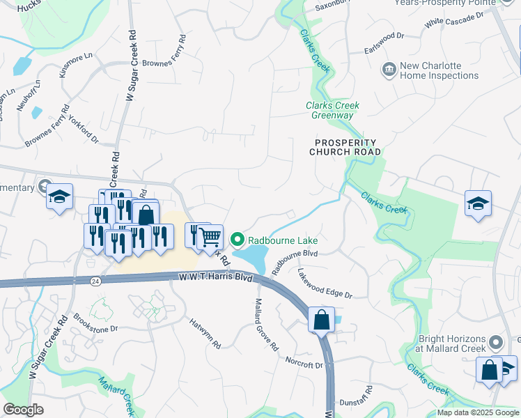 map of restaurants, bars, coffee shops, grocery stores, and more near 12100 Plover Drive in Charlotte