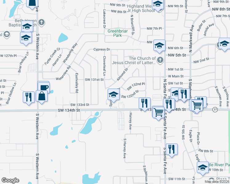 map of restaurants, bars, coffee shops, grocery stores, and more near 13228 Almond Drive in Oklahoma City