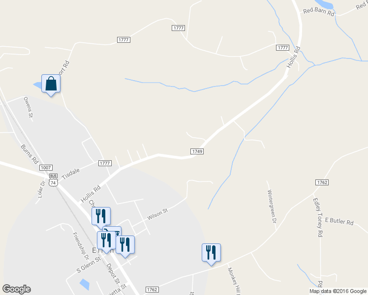 map of restaurants, bars, coffee shops, grocery stores, and more near 419 Hollis Road in Ellenboro