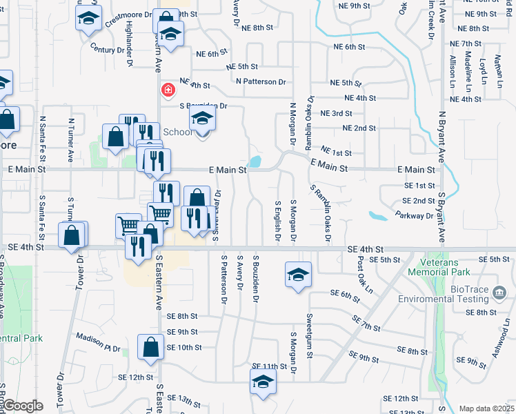 map of restaurants, bars, coffee shops, grocery stores, and more near 1108 Southeast 1st Street in Moore