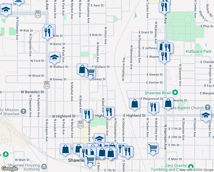 map of restaurants, bars, coffee shops, grocery stores, and more near N Union Ave & E California St in Shawnee