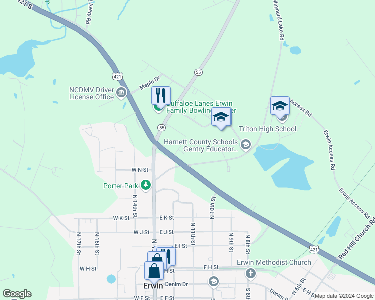 map of restaurants, bars, coffee shops, grocery stores, and more near 105 Hicks Street in Erwin