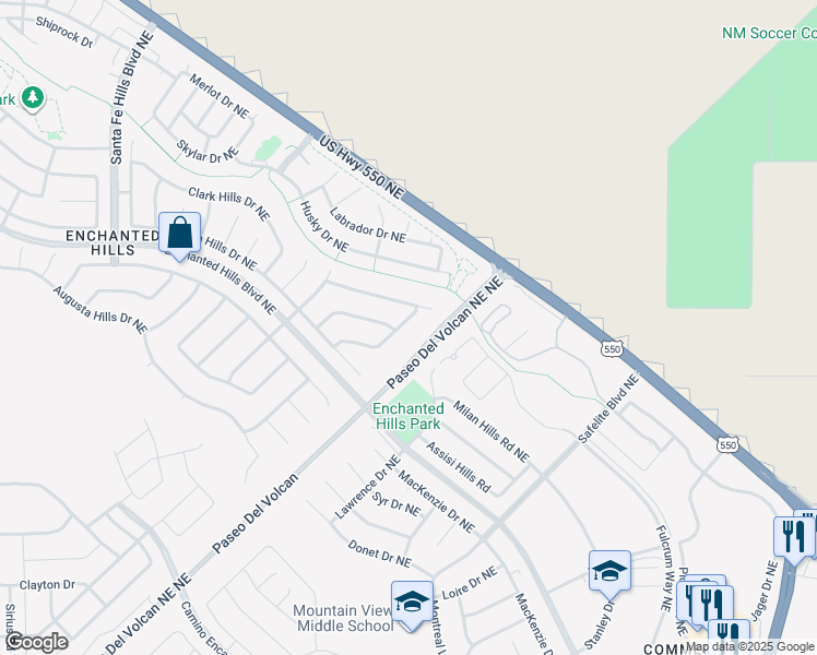 map of restaurants, bars, coffee shops, grocery stores, and more near 4548 Dearborn Hills Drive Northeast in Rio Rancho