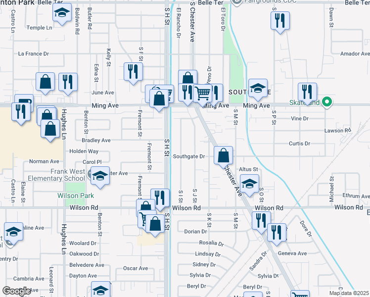 map of restaurants, bars, coffee shops, grocery stores, and more near 2006 South I Street in Bakersfield