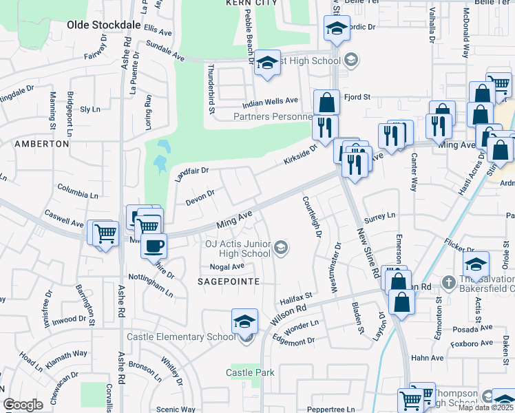 map of restaurants, bars, coffee shops, grocery stores, and more near Ming Avenue & Westholme Boulevard in Bakersfield