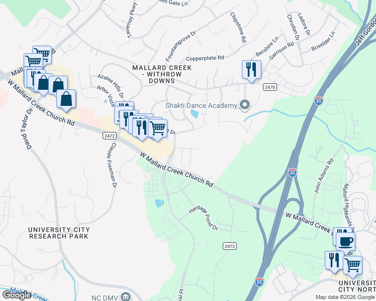 map of restaurants, bars, coffee shops, grocery stores, and more near 9546 Senator Royall Drive in Charlotte