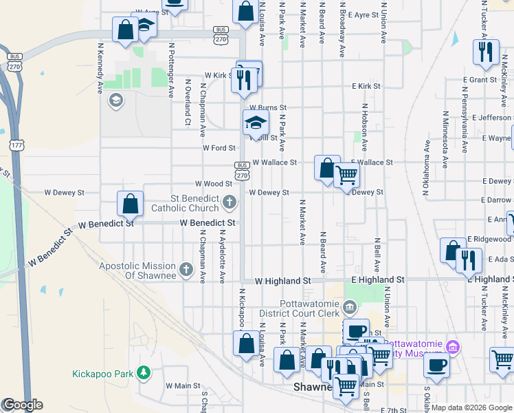 map of restaurants, bars, coffee shops, grocery stores, and more near 667 North Louisa Avenue in Shawnee