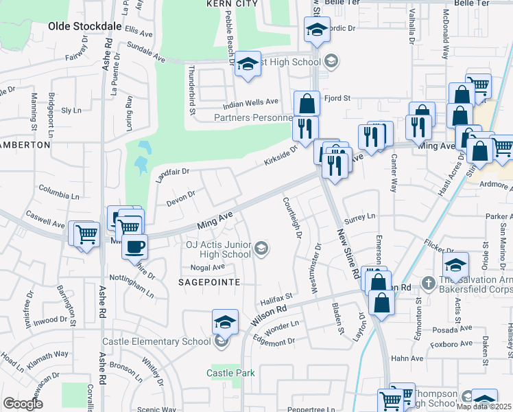 map of restaurants, bars, coffee shops, grocery stores, and more near 5801 Ming Avenue in Bakersfield