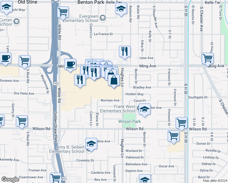 map of restaurants, bars, coffee shops, grocery stores, and more near 2501 Ming Ave in Bakersfield