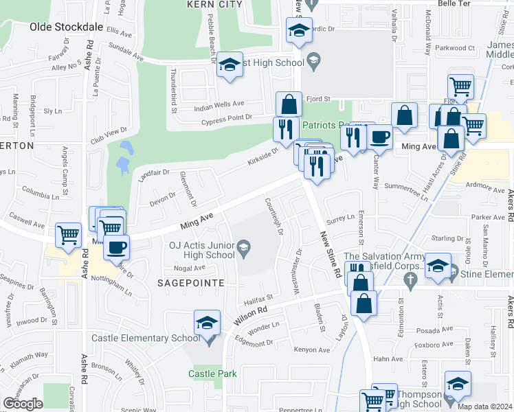 map of restaurants, bars, coffee shops, grocery stores, and more near 5700 Ming Avenue in Bakersfield