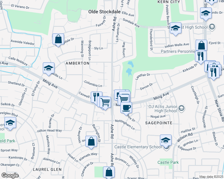 map of restaurants, bars, coffee shops, grocery stores, and more near 6500 Columbia Lane in Bakersfield
